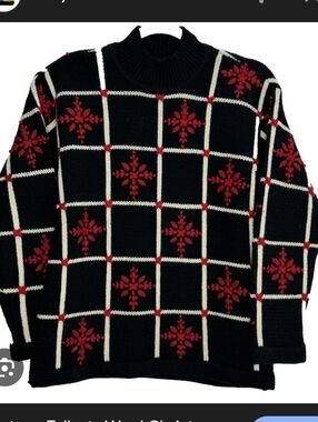 Vintage 80ies Talbots Black, Red & Cream Wool Crewneck Sweater Medium 100% Wool